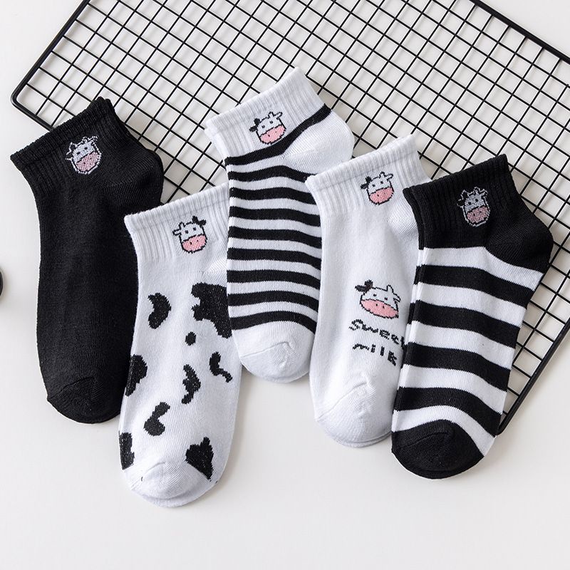 [littlecrab] Kaos Kaki Hitam Putih Motif Sapi Moo Black White Garis Cow Import Sock High Quality Korean Style