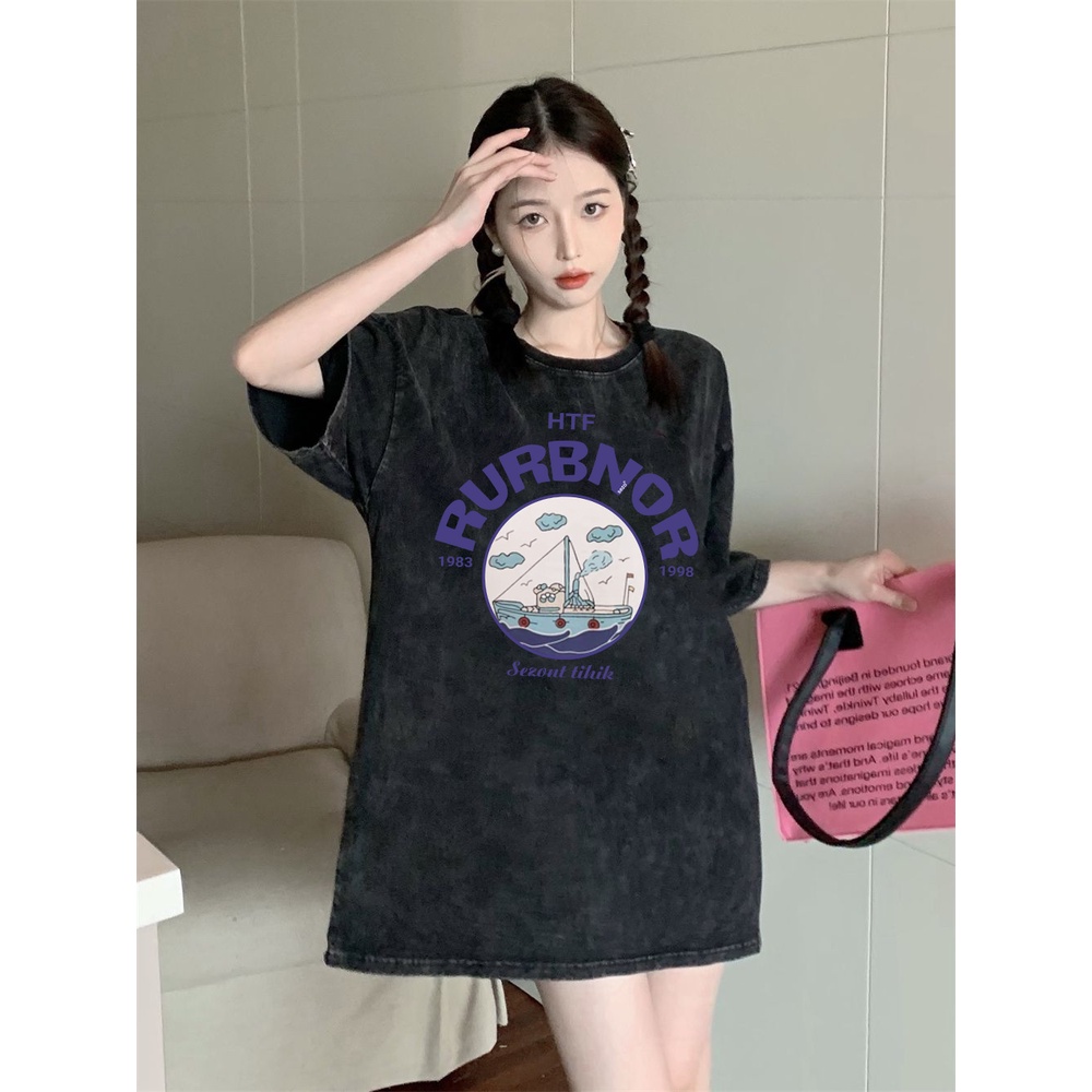 XIAOZHAINV Korean Style Ship Pattern Washed Printing Kaos Wanita