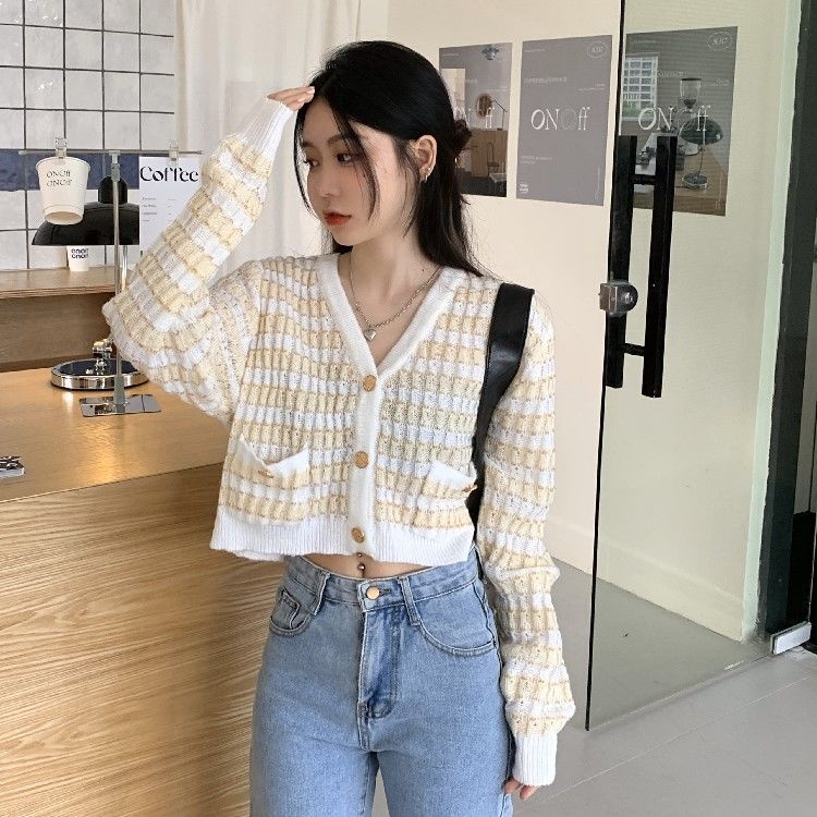 Jaket Rajut Stripe Wanita Crop Top Lengan Panjang Cardigan Knit