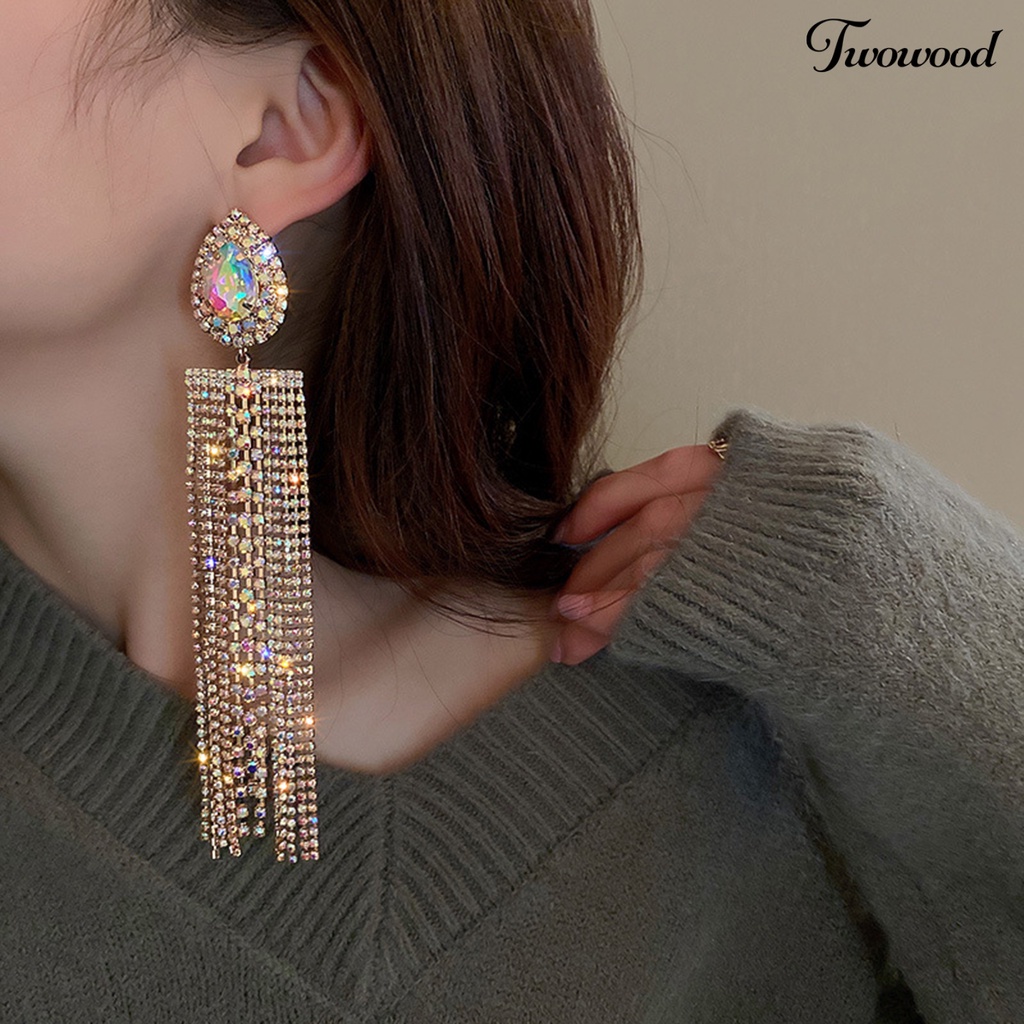 Twowood 1pasang Anting Rumbai Oversize Berlebihan Geometris Eropa Dan Amerika Temperamen Berdandan Ornamen Tetesan Air Panjang Rumbai Kristal Imitasi Anting Perhiasan Fashion