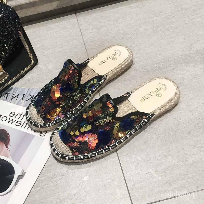 #Sisjuly# Sandal wanita baru bawah datar wanita retro paket kepala setengah sandal fashion payet sep