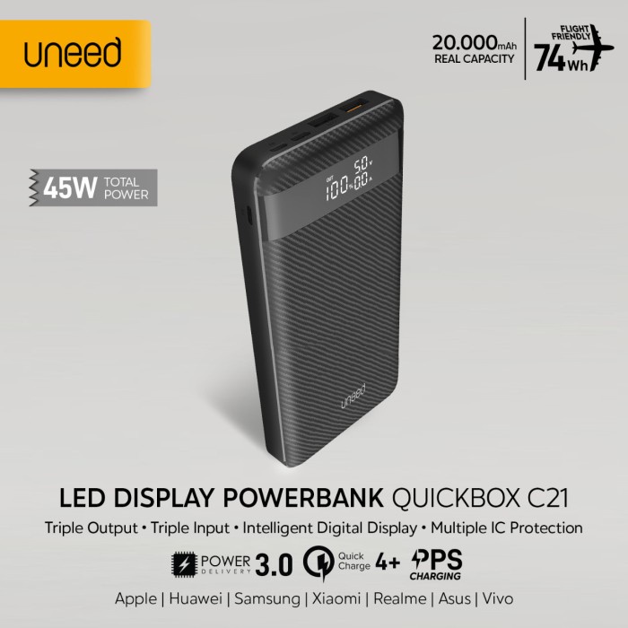 Portable Uneed 20000Mah Powerbank Support Laptop 45W Qc 4.0 Pd 3.0 Pps - Upb152