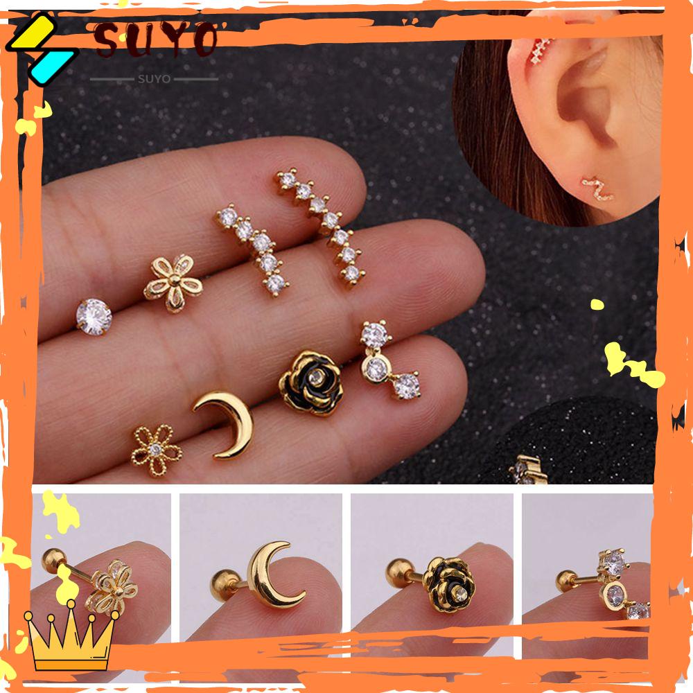 Suyo 1PC Anting Tindik Charm Silver/Gold Bunga Mawar Bulan Gelombang Helix Tragus Studs