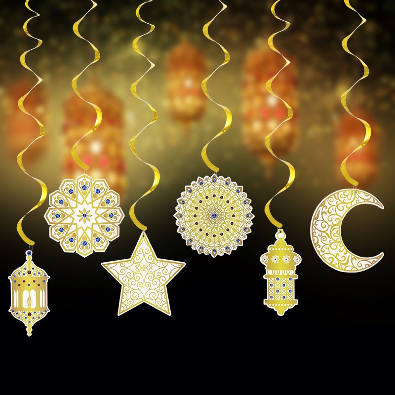 6 Pcs / Set Classic Ramadan Star Moon Shape Spiral Banner Pendant / Exquisite Eid Mubarak Series Pattern Cardboard Decor / Muslim Festive Hanging Ornament