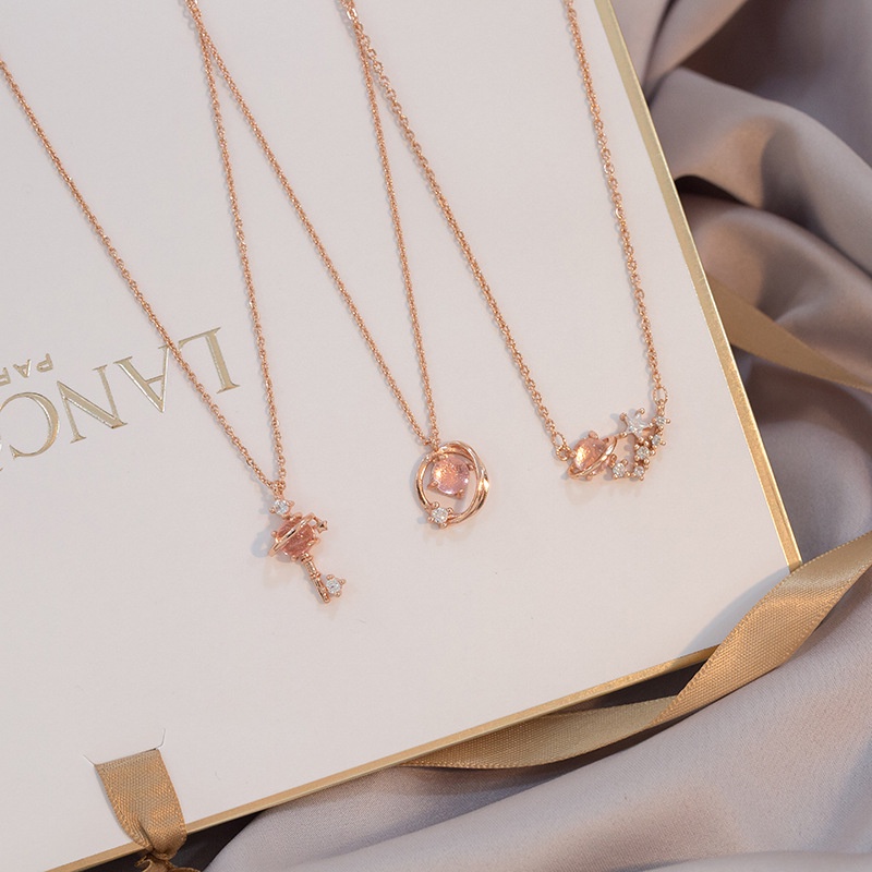 Fashion Kalung Rantai Kristal Pink Untuk Wanita Aksesoris Perhiasan Liontin Zirkon Elegan