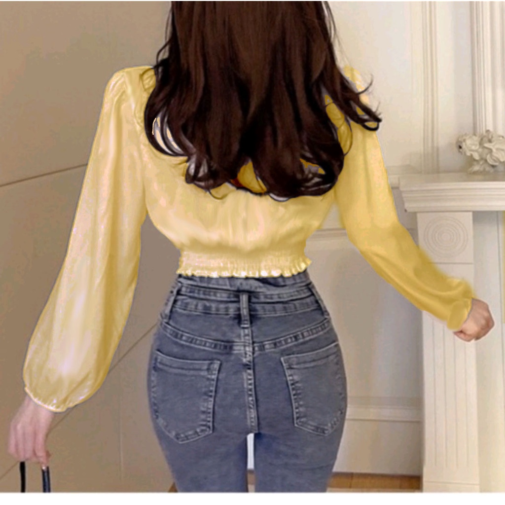 Atasan blus wanita tangan panjang satin velvet gaya korea 911