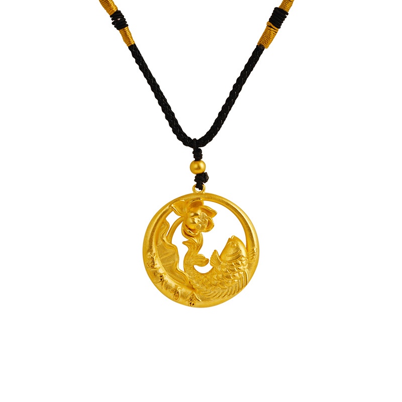 Goldkingdom Perhiasan Fashion Emas Asli Kadar 375Bangkok Aksesoris Ready Stock Dilubangi Emas Bulat Merek Liontin Kalung Fuyu Berlayar Rantai Tali Yang Dapat Disesuaikan