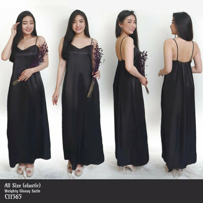 baju tidur wanita dewasa Sexy dress daster panjang hitam satin menawan