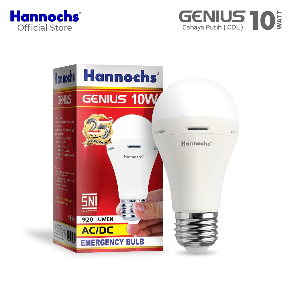 Hannochs Genius Bohlam Lampu LED Emergency 6-8-10-12-15 Watt Cool Daylight Putih BONUS Fitting Gantung