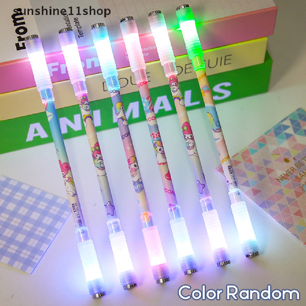 Sho Kartun Unicorn Bercahaya Rotag LED Flash Gel Pen Kartun Menghilangkan Stress Pen Gaming Spinning Pen Ballpoint Fashion 0.5mm Gel Pen Hadiah N