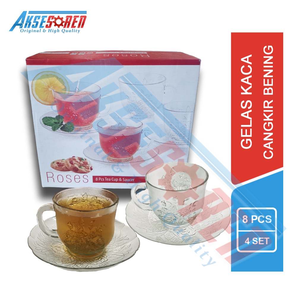 Aksesoren Cangkir Teh Dan Alas Bermotif  / Gelas Kaca Beling Transparan / Cangkir Teh Kecil 1 Box / 