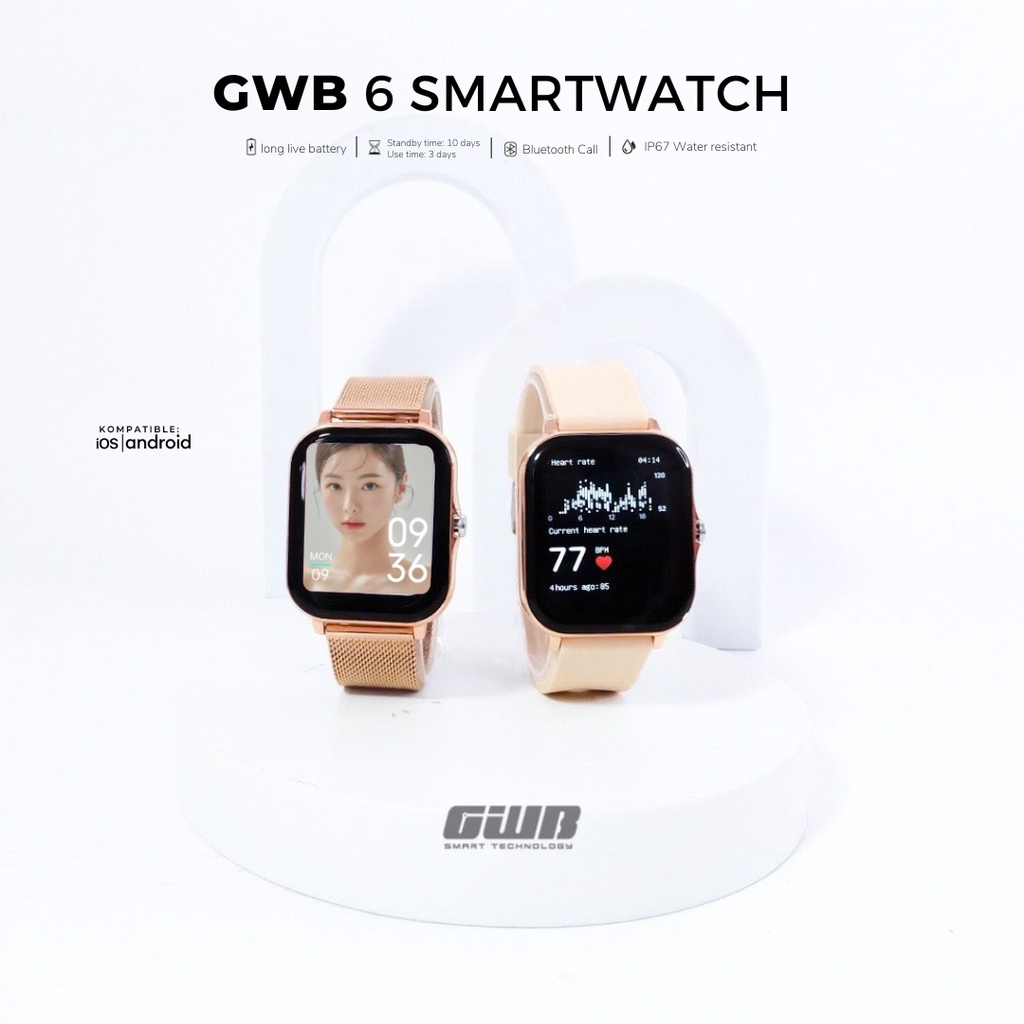 GWB 6 Smartwatch Original Magnetic Charging Kalkulator EKG HeartRate Sports Mode [FREE STRAP]