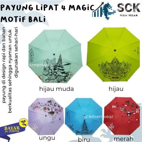 Payung Promosi Musim Hujan 8 Jari Lipat 4 MAGIC motif BALI otomatis  Anti UV - sckmenwear GROSIR