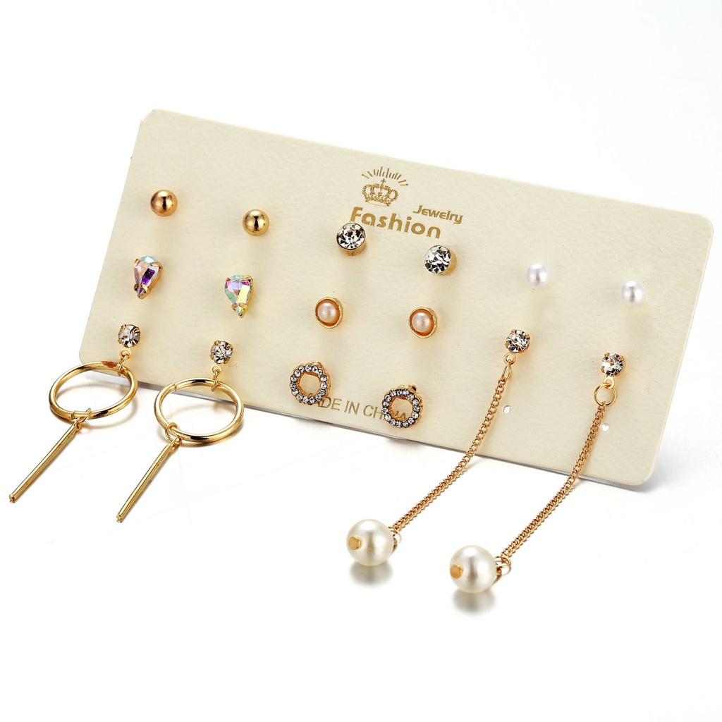 Anting Berlian Drop Color | Anting Mutiara Bentuk Lingkaran | 8 Pasang / Set Anting Tusuk / Stud Motif Bentuk Variasi Untuk Wanita | Aksesoris Wanita | Sendok Garpu Bahan Stainless Steel