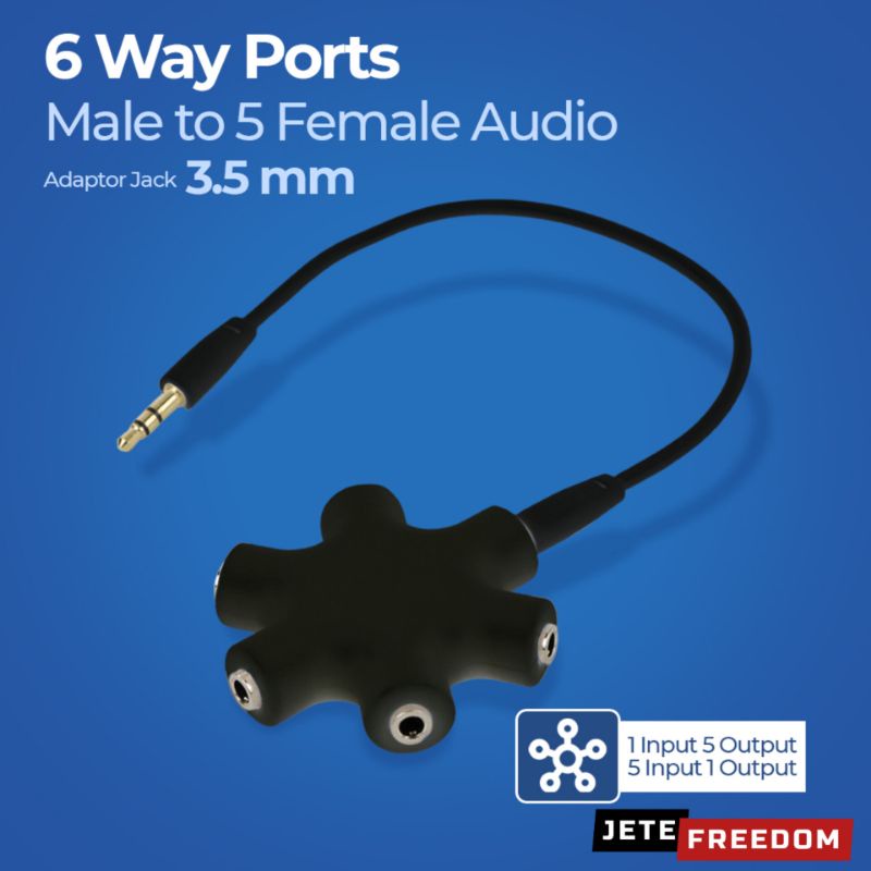 ALLOYSEED Splitter 6 Lubang Jack 3.5mm Adaptor 6 Way Ports Male to 5 Female Audio Earphone Konverter