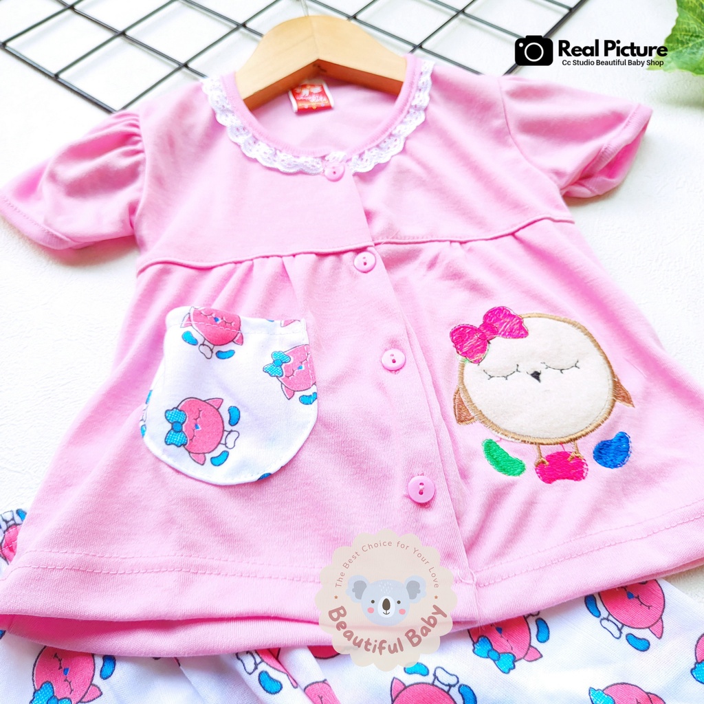 Baby.ou - Setelan Baju Bayi Lengan Pendek Celana Panjang Motif Bordir Birds / Setelan Piyama Bayi Perempuan 3-12 Bulan / Baju Bayi Perempuan Yeiko