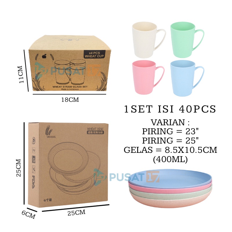 SEVENTEEN PIRING GELAS SET 4PCS JERAMI GANDUM FOOD GRADE 25CM PIRING MAKAN DAPUR BESAR PIRING BUAH SAYURAN LAUK GELAS MINUM SET SOUVENIR GIFTBOX