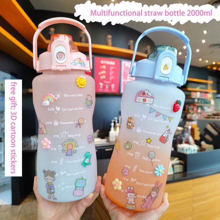 【Stiker Gratis 2D&amp;3D】Kotak Botol Gemoy Gradasi / Botol Minum 2 Liter Viral / Botol Minum Viral Botol 2000ML / Botol Pelangi / Botol Minum Motivasi BPA FREE+Stiker 2D/3D