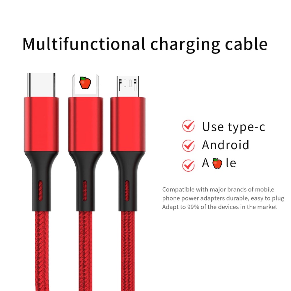 【LIPI】Max 3A Untuk Iphone / Android Kabel Data USB 3 in 1 Fast Charger iOS + Micro USB + Type C Quick Chargre 1.2M Nylon Braided Cable