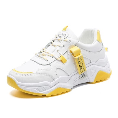 Sepatu Sneakers Wanita Putih Kuning Tali Casul Style Import Korea Wanwoo Sol Tinggi FSH151