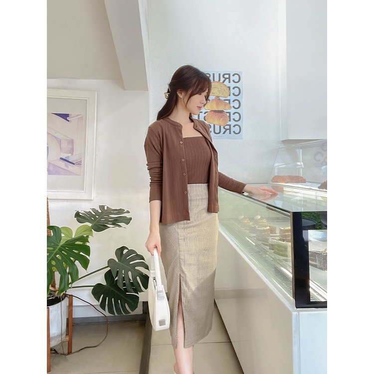 Kadaka B-0183 Midi Plaid Skirt Rok Wanita Korean Look Detail Slit