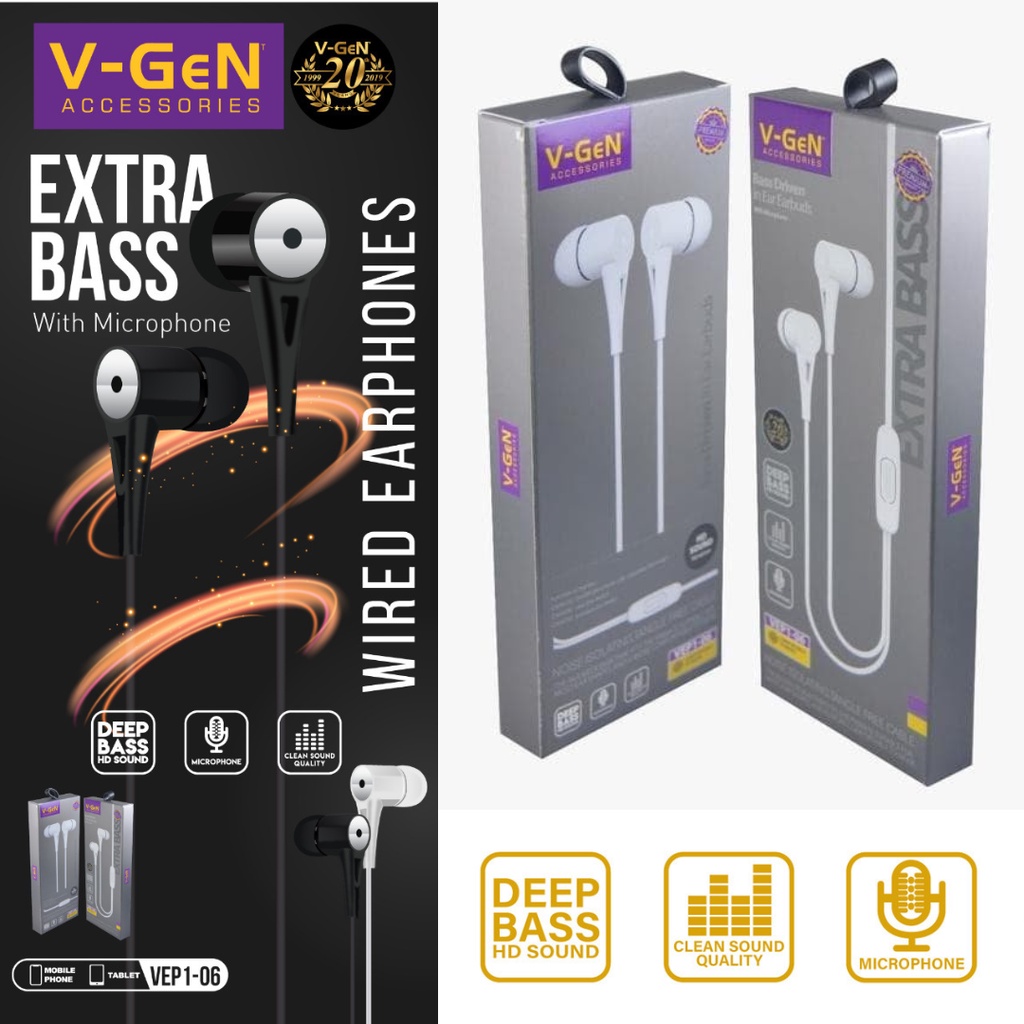 V-GeN VEP1-06 In-Ear Earphone Kabel Mic Headset Handsfree Standar Extra Bass Murah Original Garansi 
