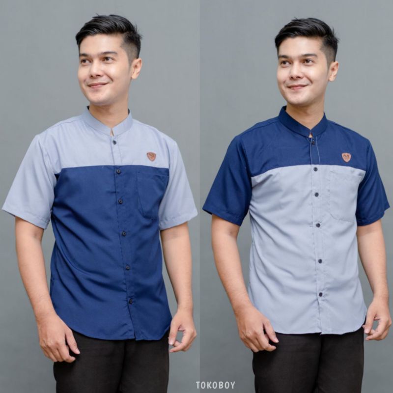 Kemeja Koko Pria Dewasa Atasan Baju Kemko Polos Kombinasi Dua Warna Lengan Pendek Busana Muslim Guz 