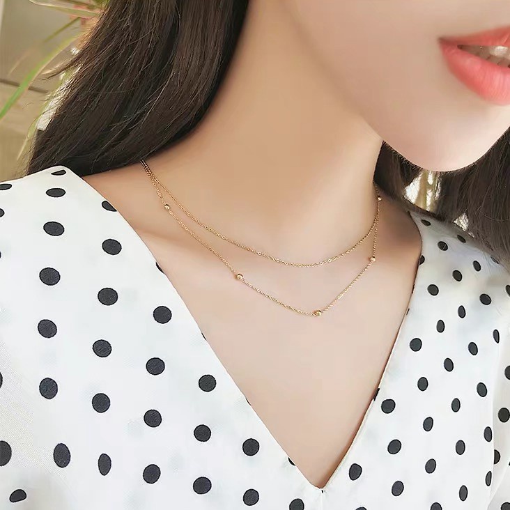 Kalung Rantai Pendek Dengan Liontin Manik-Manik Bulat Kecil Untuk Wanita | Kalung Double Layer Untuk Wanita | Aksesoris Bahan Titanium Steel 18k Warna Rose Gold | Perhiasan Bahan Stainless Steel Untuk Hadiah