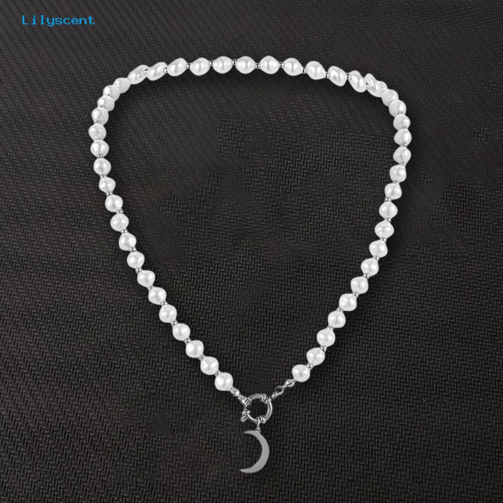 [LS] Kalung Pria Klasik Mutiara Imitasi Hip Hop Geometris Electroplating Hias Stainless Steel Laki Bulan Liontin Kalung Fashion Perhiasan Untuk Pakaian Sehari-Hari