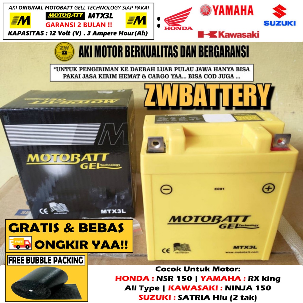 Aki Motor Honda NSR 150 Motobatt MTX3L Aki Gel-Aki Kering 3,6Ah