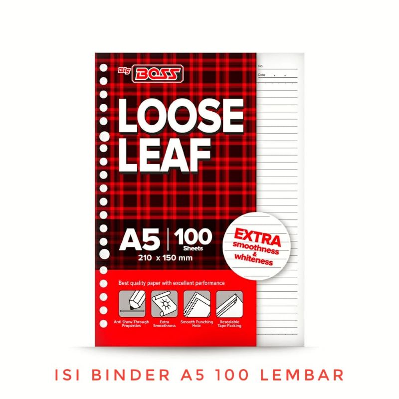 BIG BOSS Loose Leaf A5 Kertas Binder 100 Lembar Putih - Isi Binder Kertas Berlubang