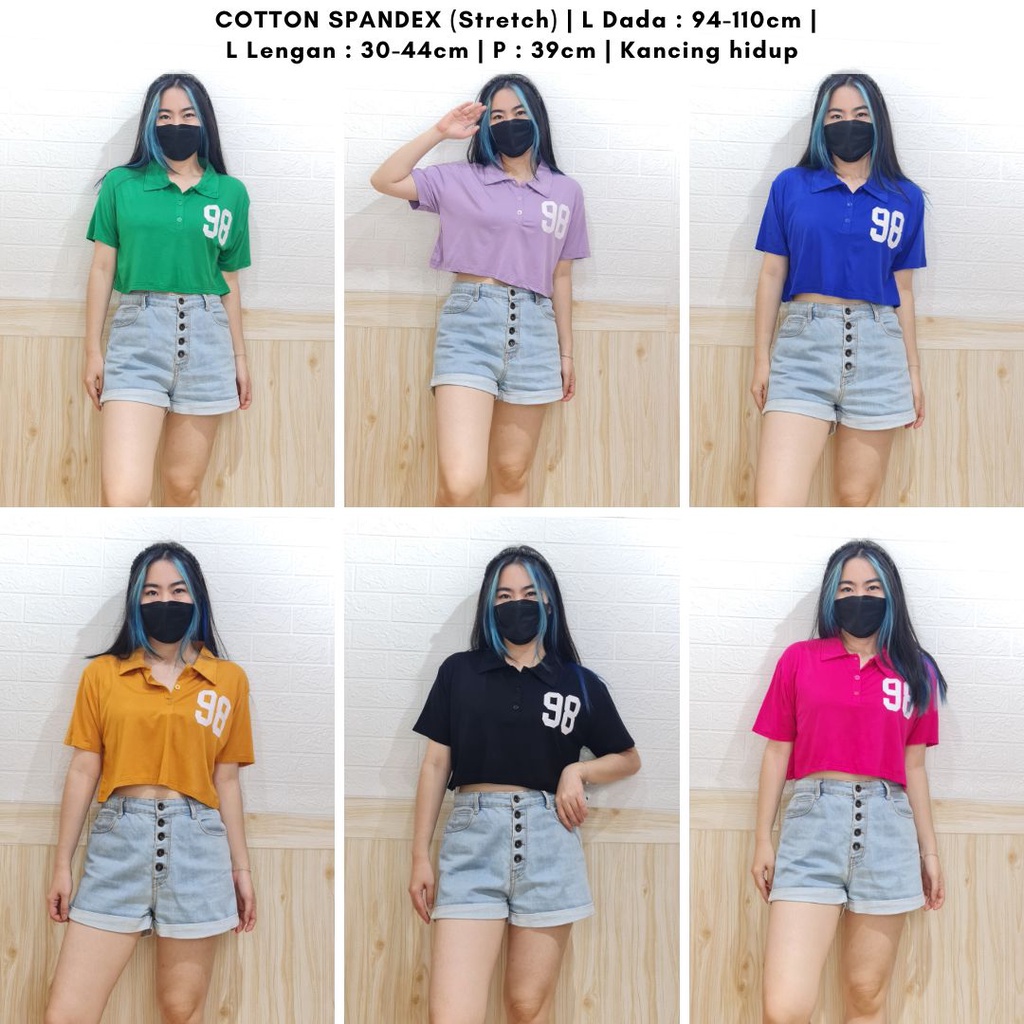 4767 nineight button collar cotton spandex crop top