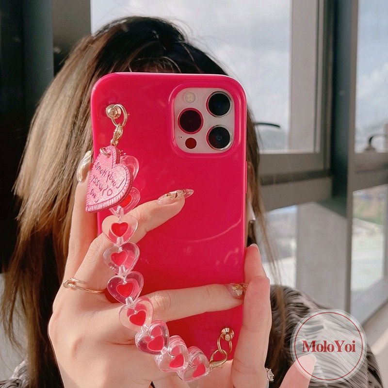 IPHONE Luxury Glossy Rose Red Smooth Case Kompatibel Untuk Iphone14 11 13 12 Pro Max 7Plus X7 8 Plus XR XS Max SE 2020 Simple Warna Solid Soft Tpu Cover Dengan Gelang Love Heart