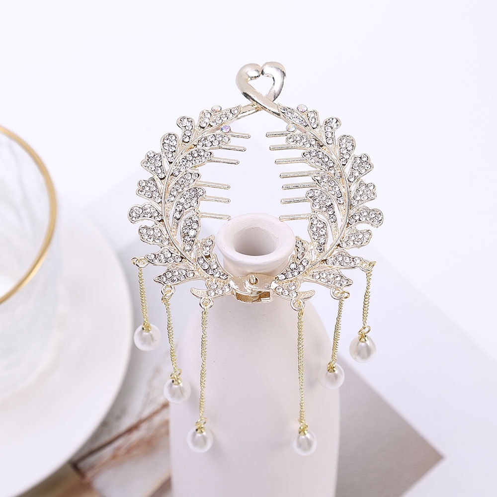 Ins Gaya Berlian Imitasi Rumbai Rambut Cakar Sanggul Hair Clip Hiasan Rambut Pengantin Wanita Elegan Ponytail Holder Hairpin Shiny Ponytail Hair Claw Gadis Fashion Mutiara Berlian Imitasi Jepit
