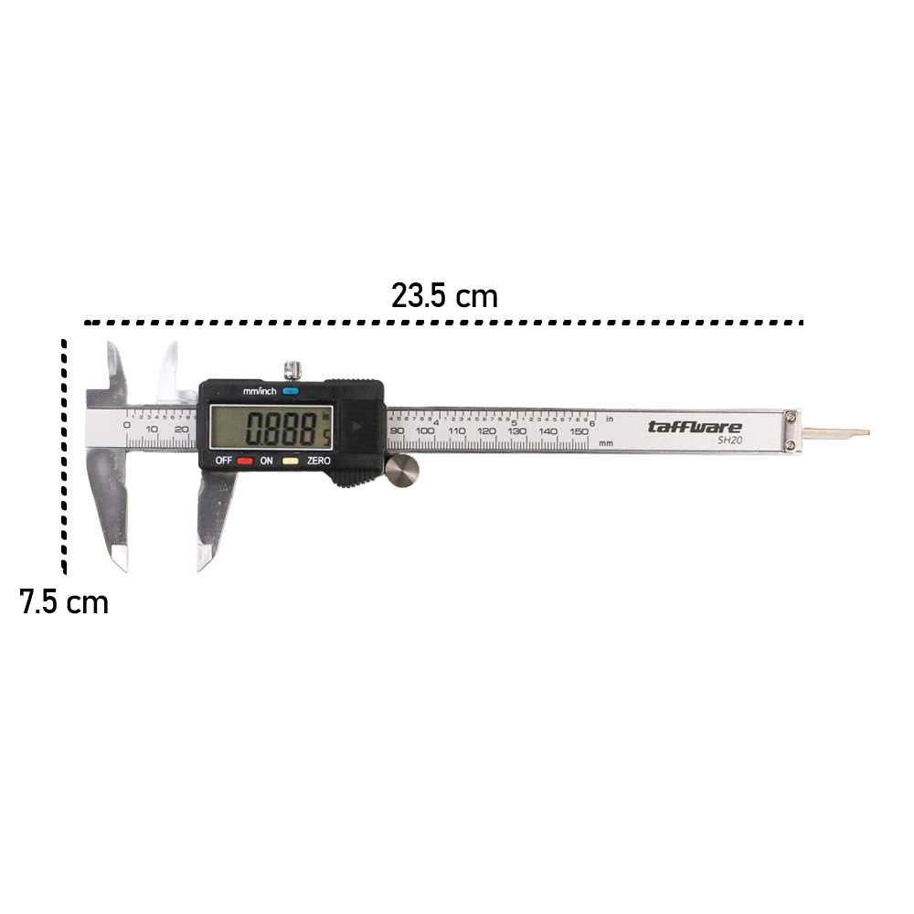 Taffware Kaliper Sigmat Digital Layar LCD - SH20 Caliper digital, jangka sorong atau sigmat digital untuk mengukur panjang suatu benda dengan ketelitian sampai 0,1 mm, hadir dengan layar LCD untuk mempermudah Anda melihat hasil pengukuran.