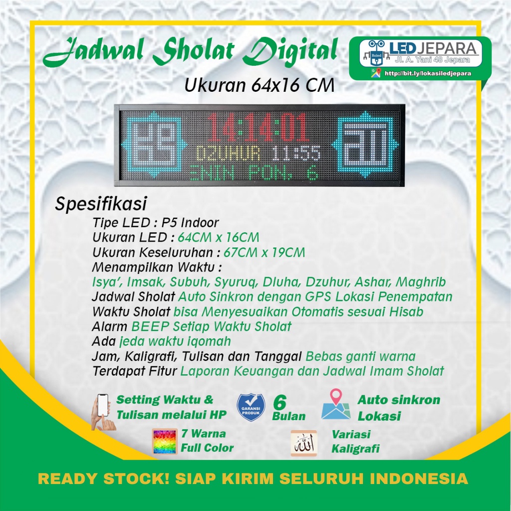 Jadwal Sholat Digital Jam Masjid Digital Ukuran 64X16 P5 Full Color Setting HP Termurah