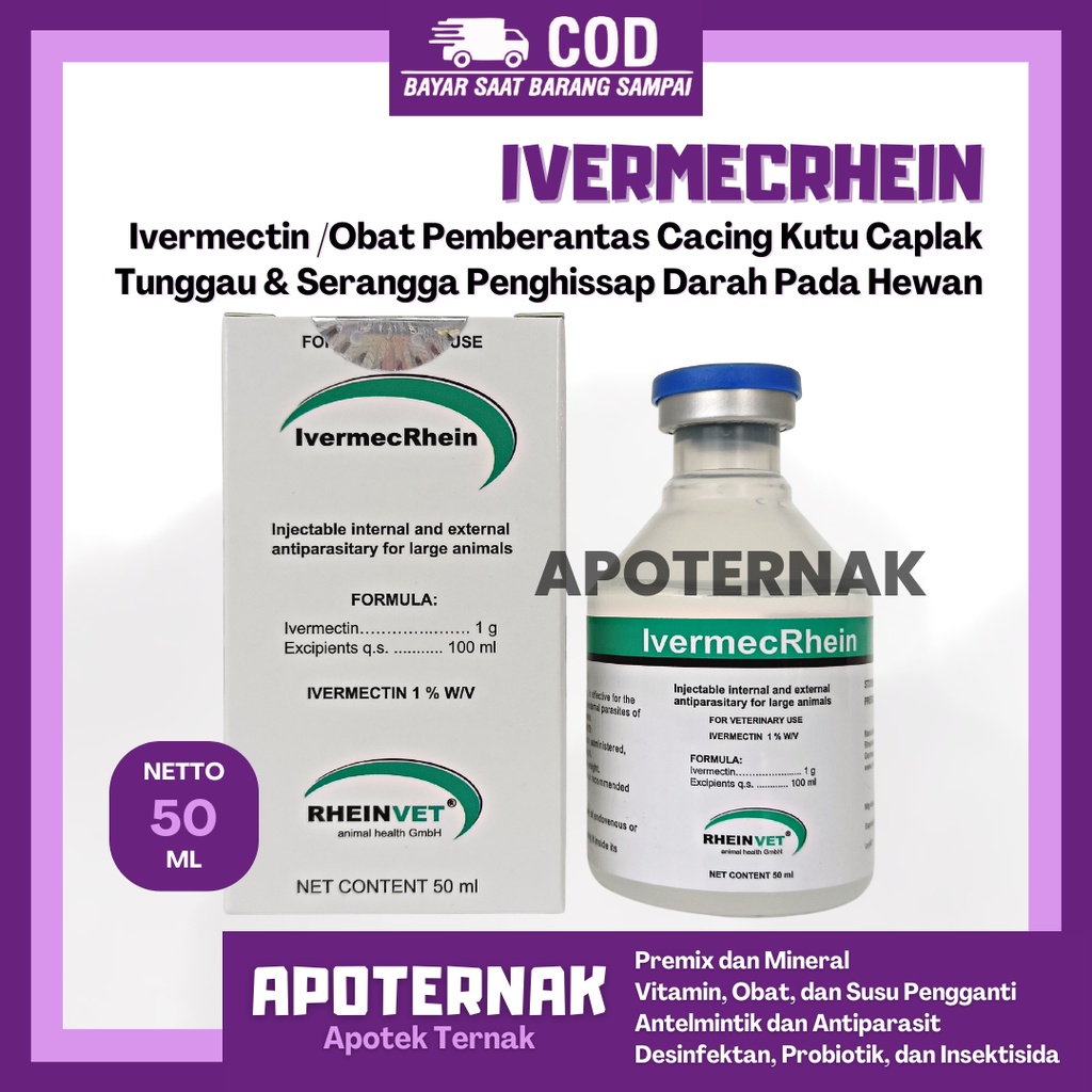 Obat LSD IVERMECRHEIN 50 ml RHEINVET | obat Gudik Cacing Caplak Tungau kutu | nova mectin wormectin bremamectin veta mectin