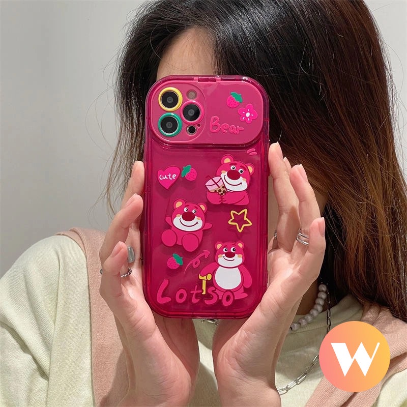 Flip Make Up Cermin Lembut Rose Red Case Kompatibel Untuk IPhone 7Plus 11 13 12 14 Pro Max XR 8Plus X XS Max SE 2020 Kartun Lucu Strawberry Bear Manyo Back Full Cover