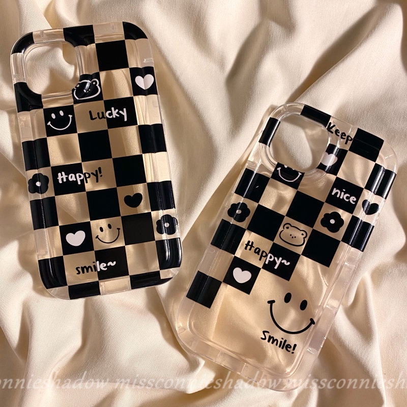 IPHONE Ins Cinta Hati Kotak-Kotak Pasangan Ponsel Case Kompatibel Untuk Iphone11Xr 7Plus 8Plus 11 12 13 14 Pro Max6 6S Plus X XS MAX Happy Lucky Flower Smiley Airbag Shockproof Soft Cover