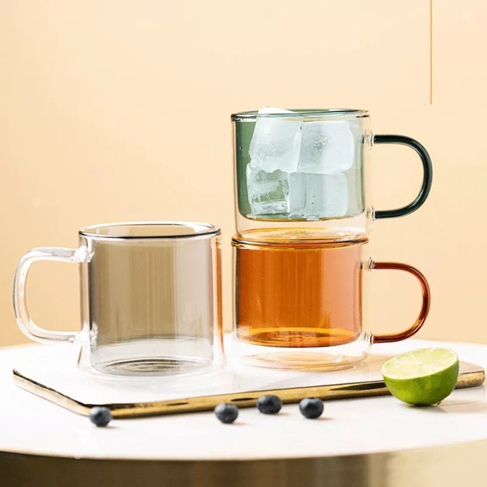 Terlaris Cangkir Gelas Cangkir Kaca Bening Mug Kopi Teh Unik Estetik Cafe Double Wall