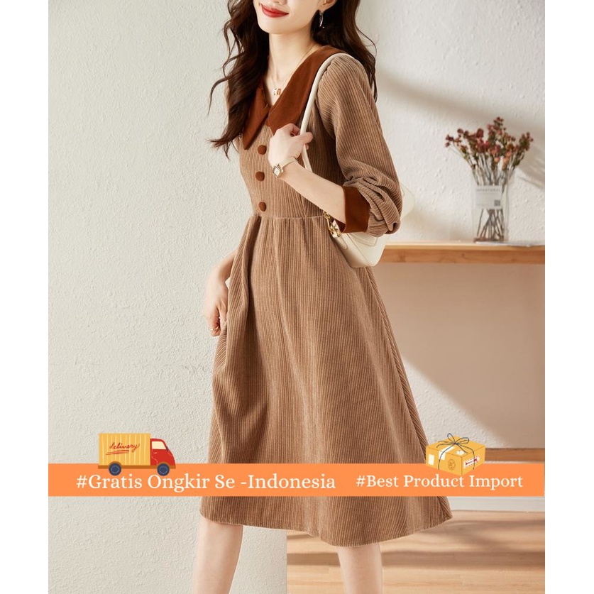 Dress Wanita Korea Retro Pinggang kendalikan Korduroi Lengan Panjang Gaun     Hepburn   Perancis Bon