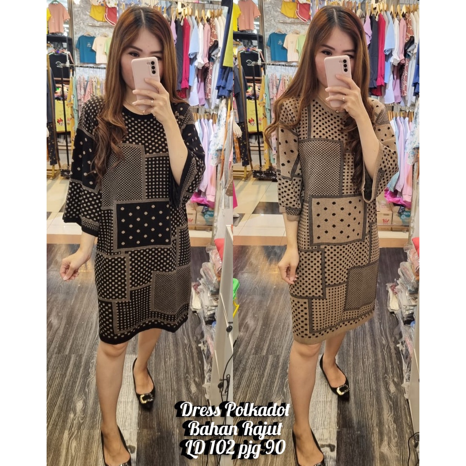 Midi Dress Polkadot Rajut Import Lengan Panjang All Size