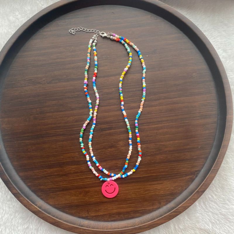 PROMO 3.3 SALE Kalung Manik Double Layer Mix Beads Warna Campur Rainbow Liontin Smile Trendy Fancy Korean Style Choker Necklace