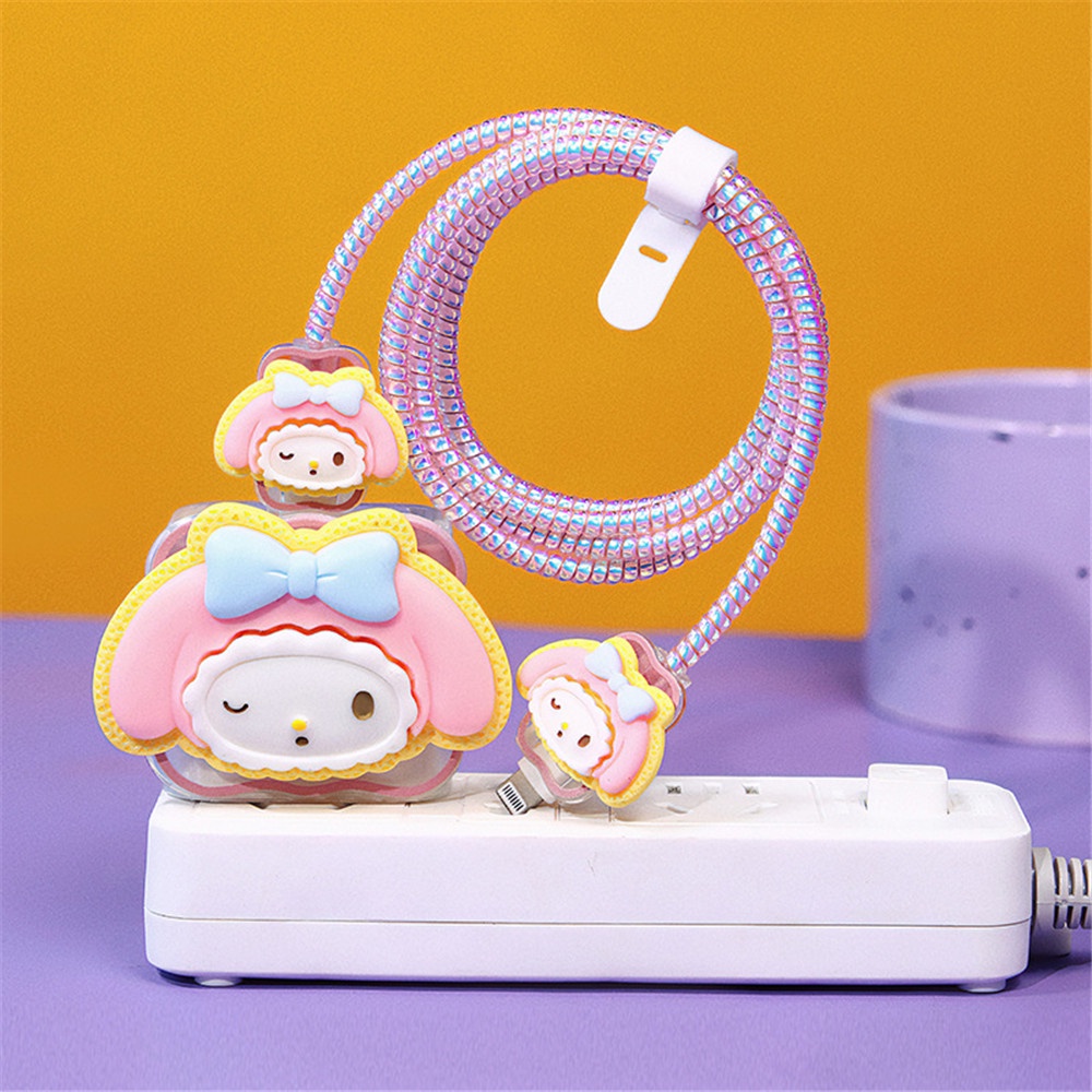 IPHONE 4pcs/set Sanrio Stereo DIY Kartun Kabel Data Charging Cable Pelindung Case Untuk Iphone18/20w 14promax /14Plus /13 Pro Max/11 /12 Kuromi Melody Cinnamoroll Charging Head