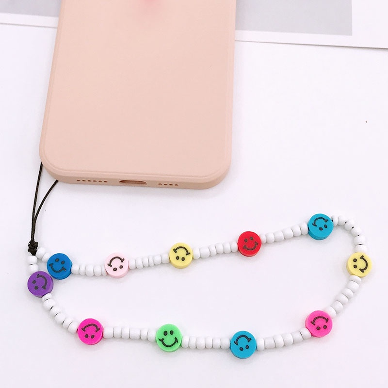 Smile Face Soft Clay Candy Color Rice Beads Chain Dengan Mutiara Tali Telepon Anti Hilang Untuk iPhone Android OPPO VIVO Huawei Xiaomi Redmi Samsung Semua Ponsel Earphone Cases