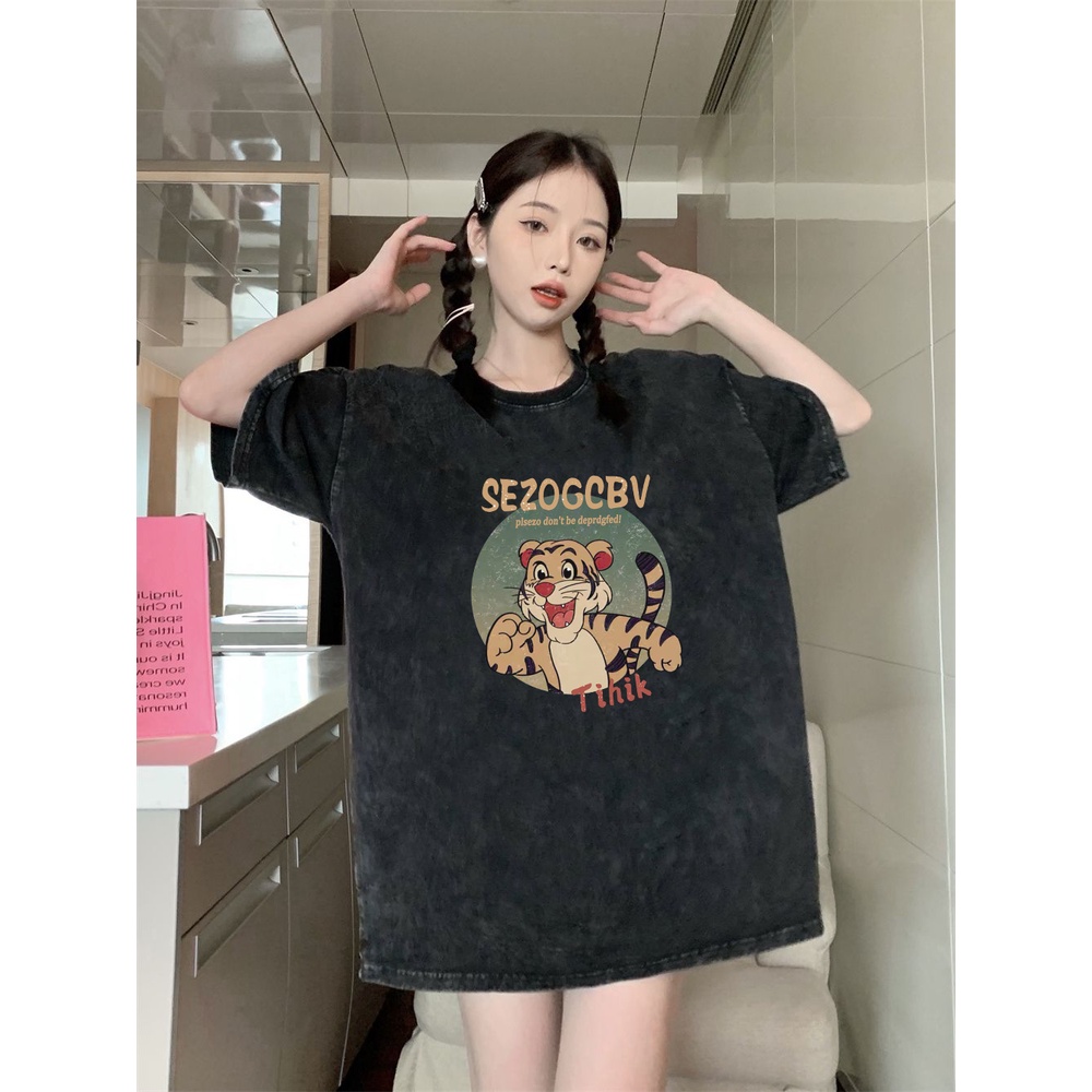 XIAOZHAINV Korean Style Tiger Anime Pattern Washed Printing Kaos Wanita