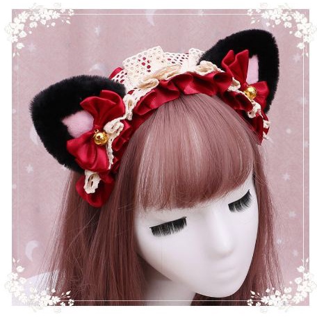 Bando Telinga Kucing Renda Lonceng jepit kuping jepitan rambut cosplay maid pelayan