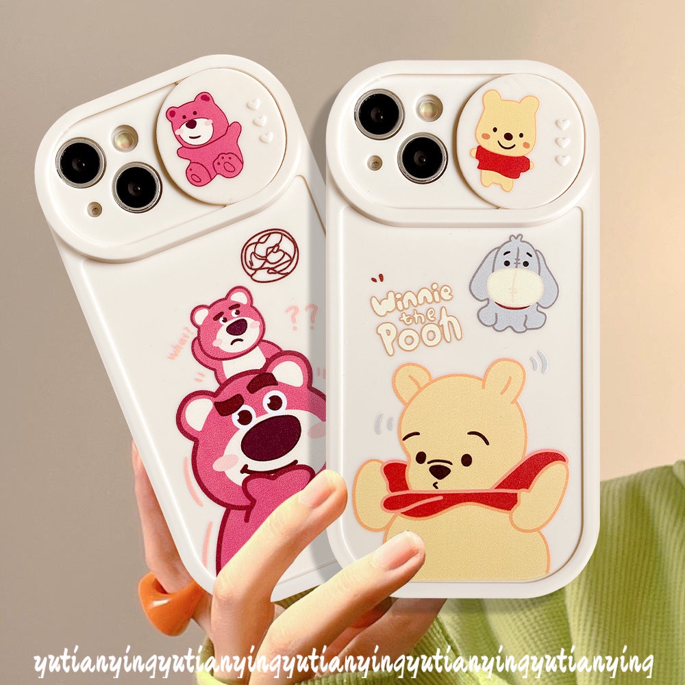 IPHONE Couple Case Kompatibel Untuk Iphone11 13 12 Pro MAX 7plus 7 8 Plus XR X XS MAX Kartun Manyo Strawberry Bear Winnie the Pooh Lembut TPU Silicon Pull Push Window Penutup Pelindung Kamera