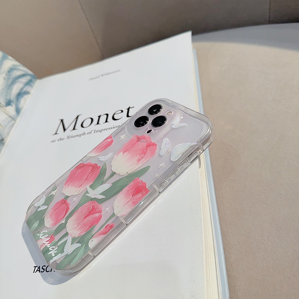 IPHONE Musim Semi Pink Tulip Lukisan Minyak Transparan Penuh Perlindungan Lembut TPU Ponsel Case Cover Shell Kulit Untuk Iphone11 12 13 14 PLUS PRO MAX