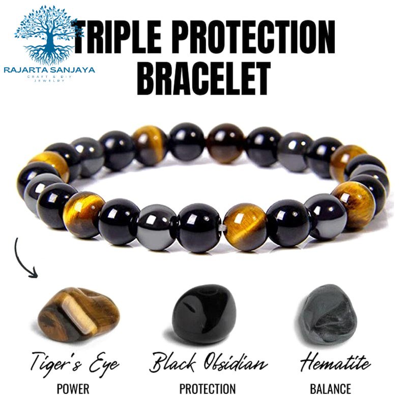 Gelang Batu Natural Black Obsidian Hematite Tiger Eye Health Protection